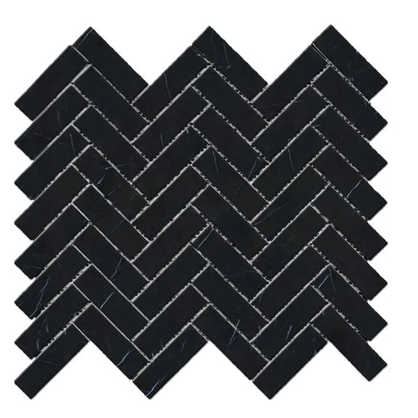 Black herringbone mosaic tile in Nero Marquina Black 1X3 polished or honed finish