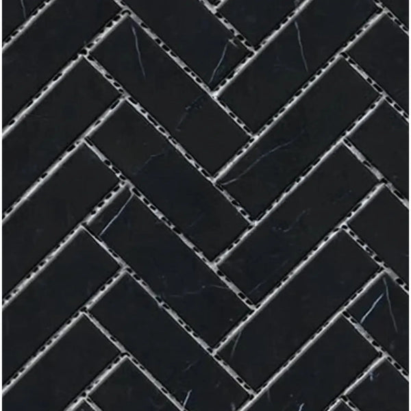 Black marble herringbone tile pattern in Nero Marquina/Black 1X3 Mosaic design