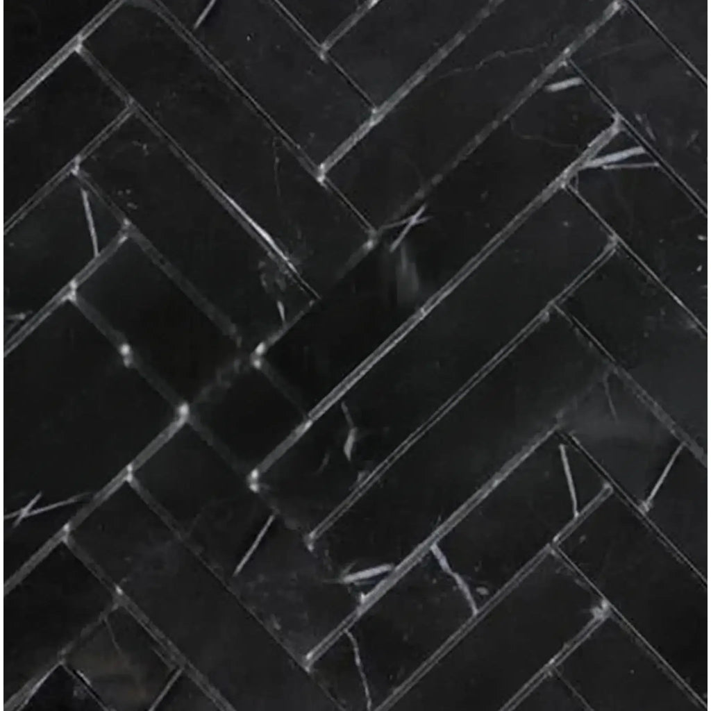 Black marble herringbone tile in Nero Marquina/Black 1X4 Mosaic Polished or Honed