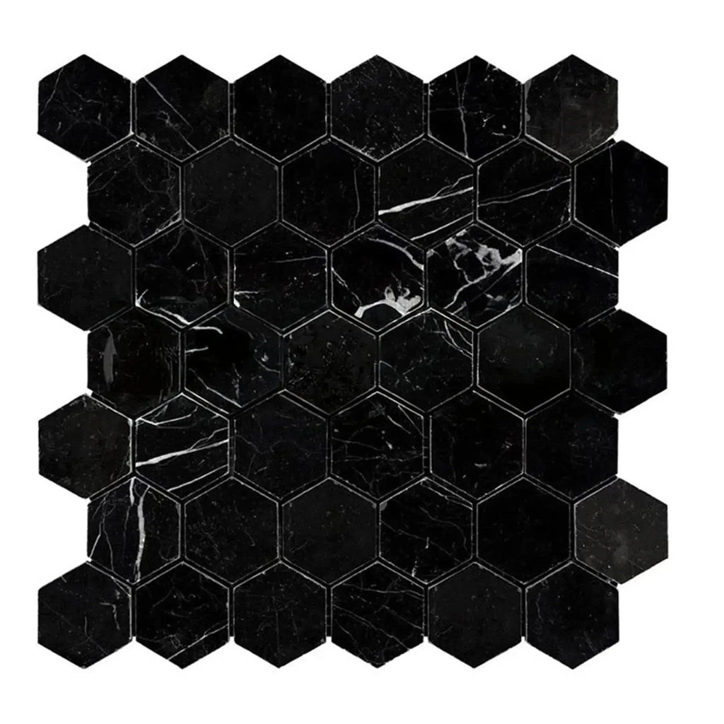 Black marble hexagon tiles in Nero Marquina/Black 2 inch polished mosaic design