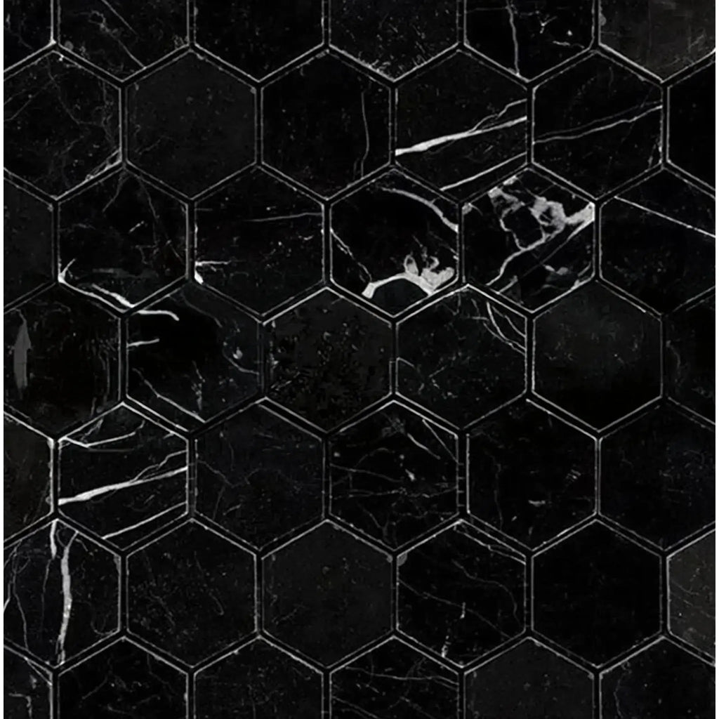 Nero Marquina Black 2 Inch Hexagon Marble Mosaic Polished or Honed Tiles