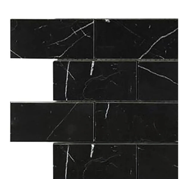 Black marble subway tile in Nero Marquina Black 2X4 Brick Marble Mosaic design