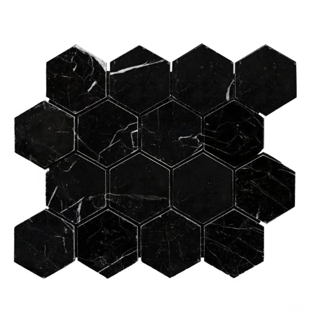 Black Marble Hexagon Tiles in Nero Marquina 3 Inch Polished or Honed Mosaic Design