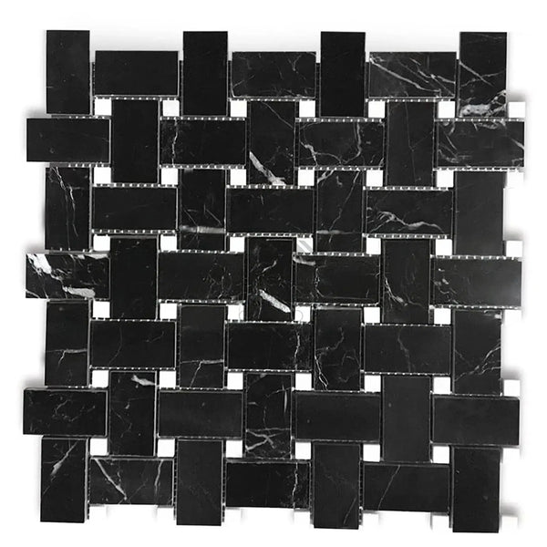 Nero Marquina Black Basketweave Marble Mosaic Tile with White Dots, Polished or Honed