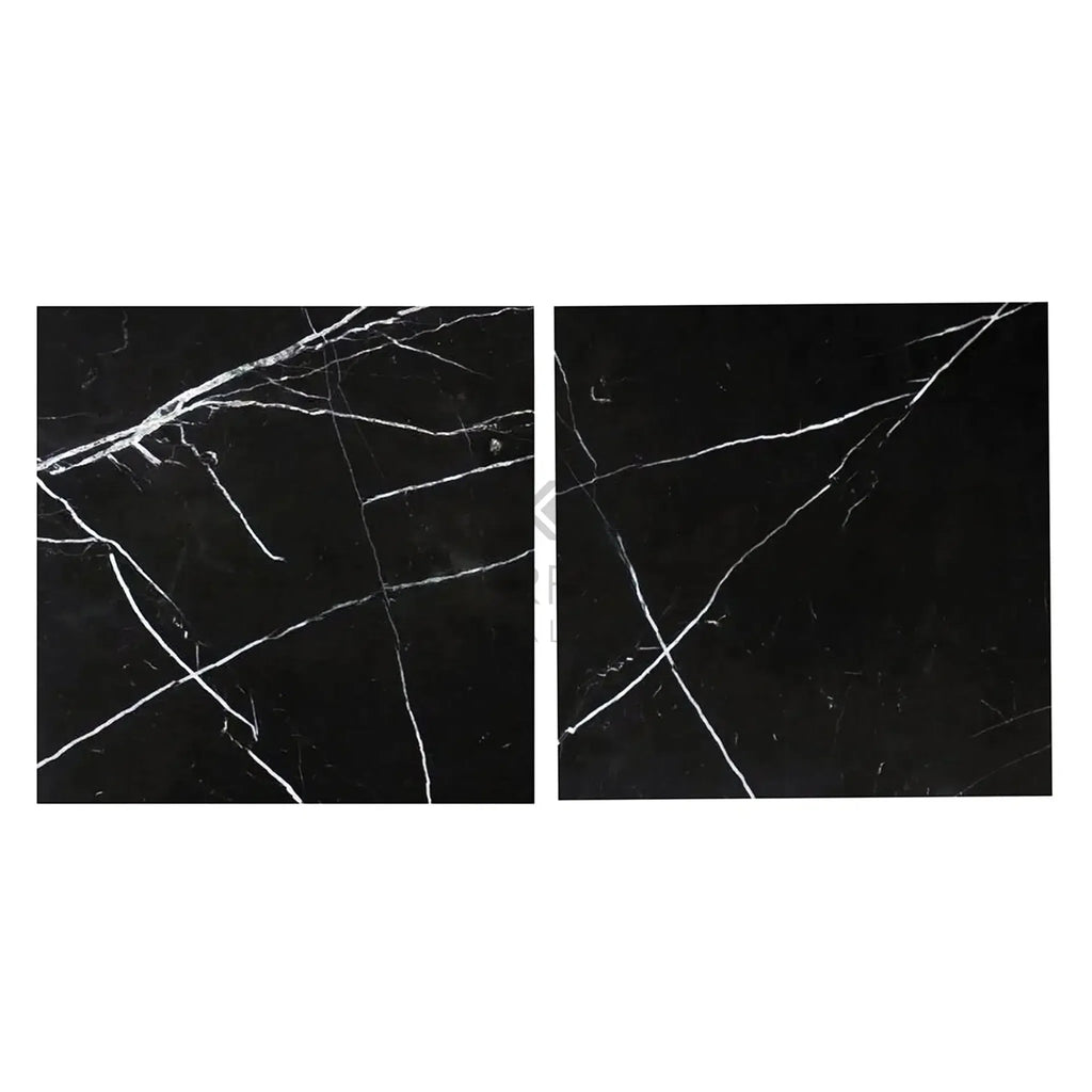 Two black marble tiles with white veins from Nero Marquina Black Marble collection