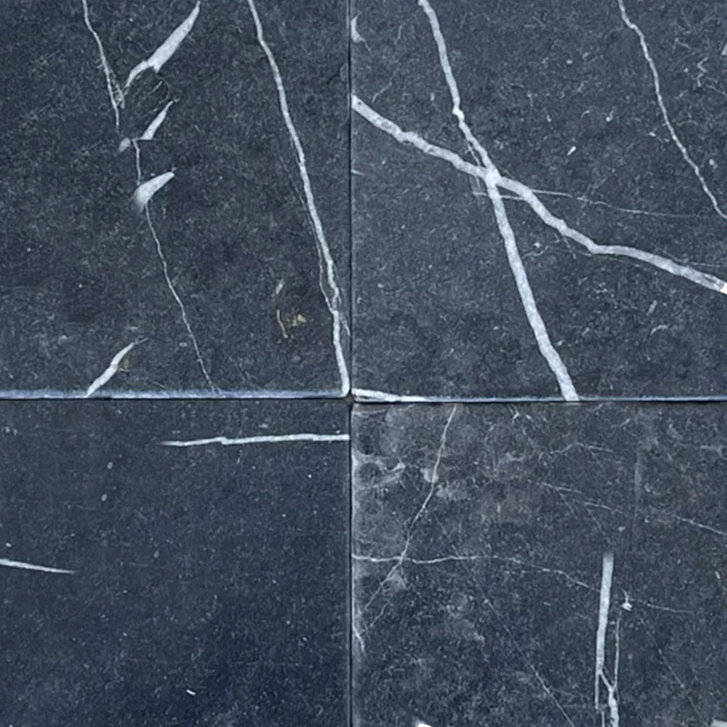 Four Nero Marquina Black Marble 12X12 Tumbled tiles with white veining