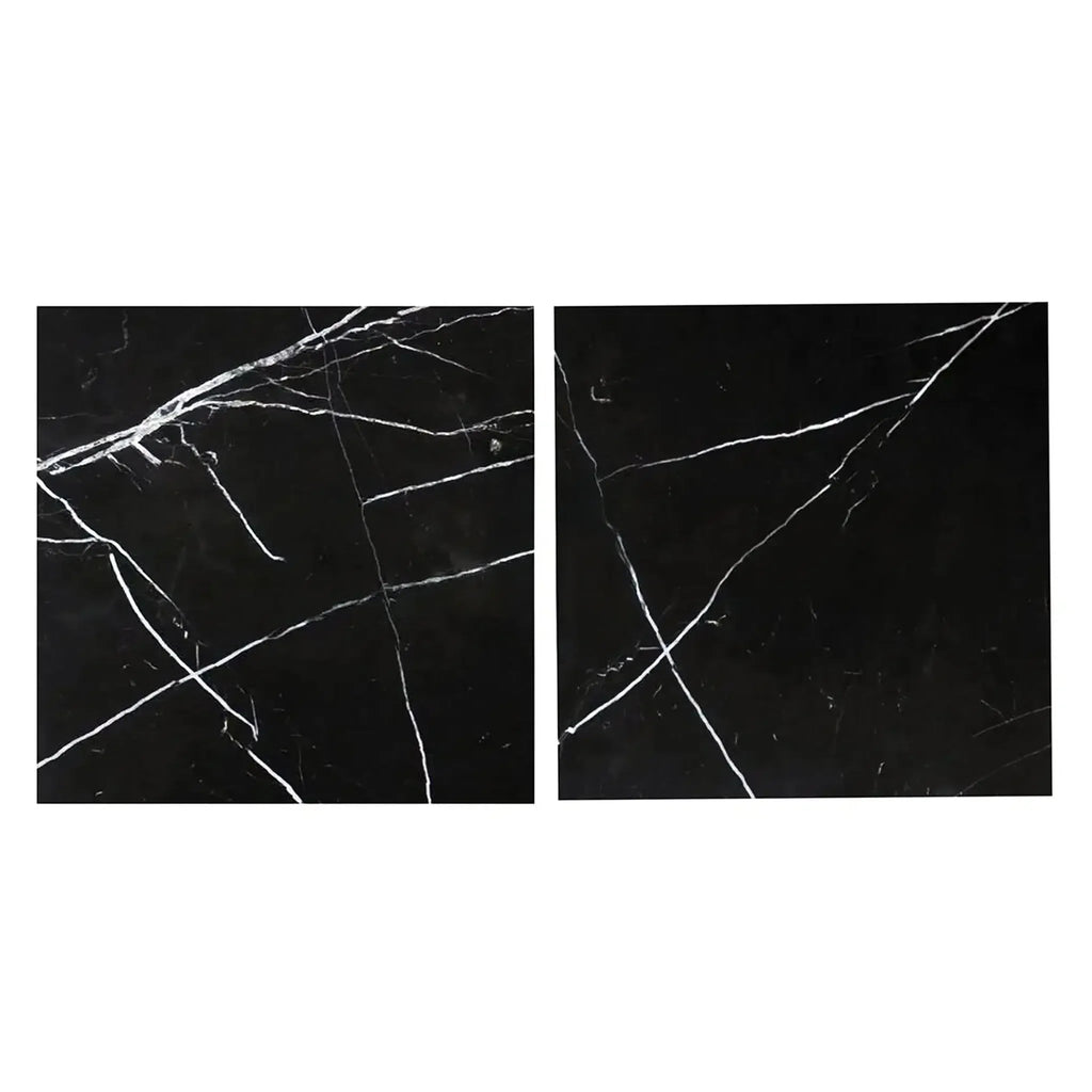 Two Nero Marquina Black Marble tiles with elegant white veining in polished finish