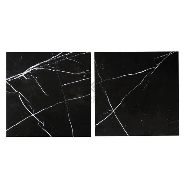 Two black marble tiles with white veining from Nero Marquina 24X24 Polished or Honed