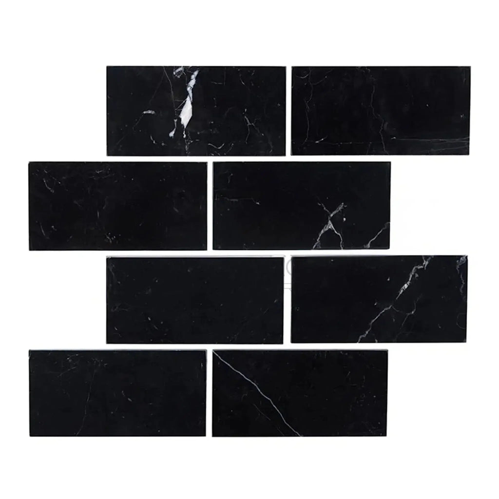 Nero Marquina Black Marble 3X6 Polished or Honed Brick Tiles Displayed