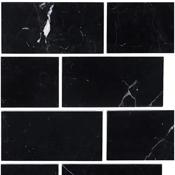 Nero Marquina Black Marble 3X6 Polished or Honed Brick Tiles Displayed Elegantly