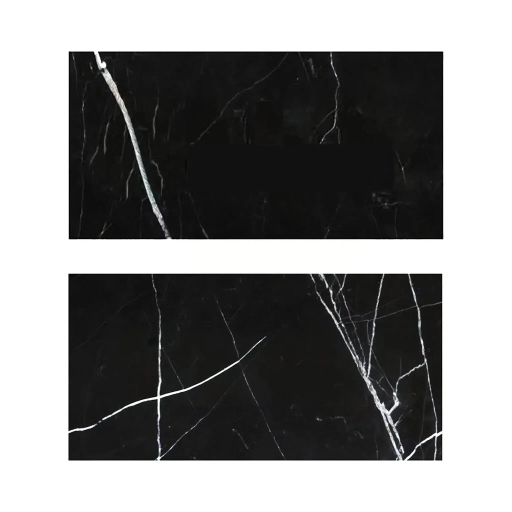 Two black marble tiles with white veining from Nero Marquina Black Marble collection