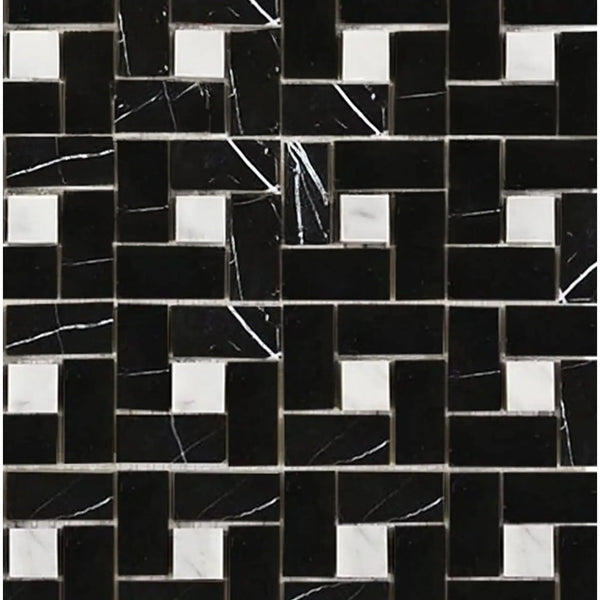 Black and white marble tile pattern of Nero Marquina Pinwheel with white dots mosaic