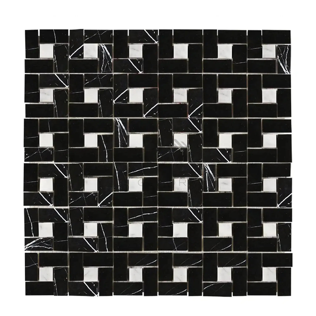 Black and white mosaic tile pattern of Nero Marquina marble with white dots