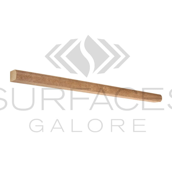 Wooden square dowel showcased with Noce Travertine 1/2X12 Pencil Liner Honed