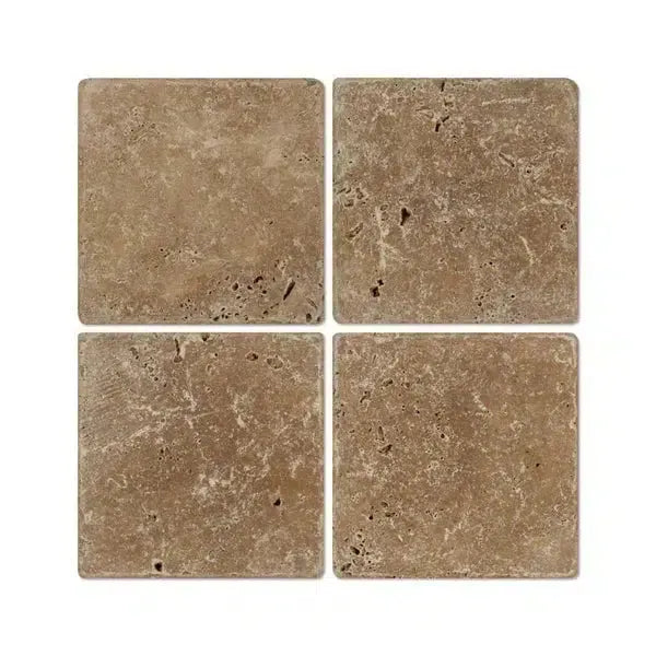 Four square Noce Brown Travertine 12X12 Cross-Cut Tumbled tiles arranged decoratively