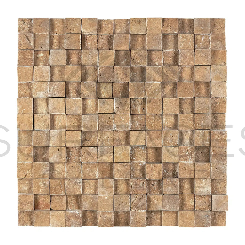 Three-dimensional Noce Brown Travertine 1X1 Mosaic Hi-Low Split-Faced Tile