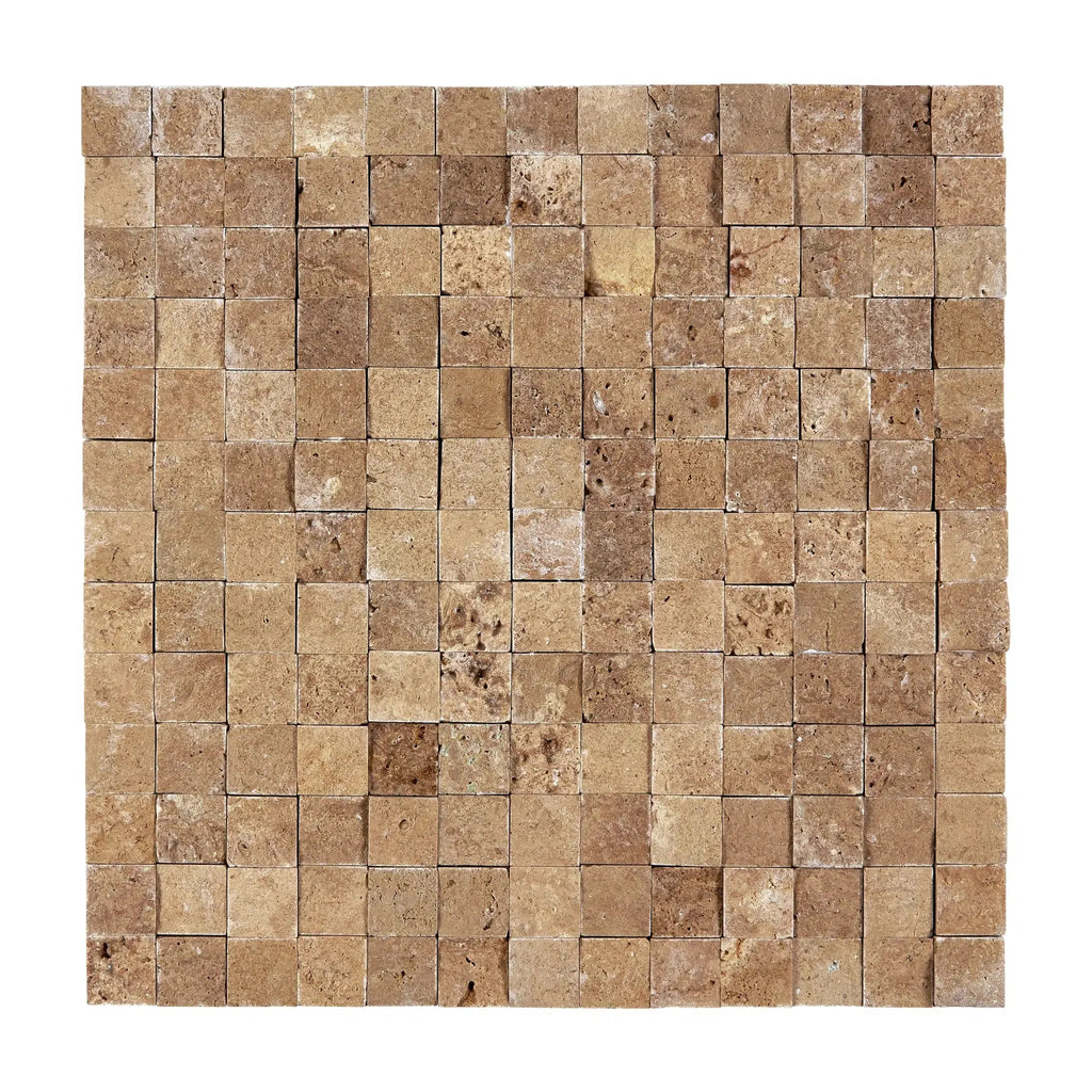 Square mosaic tile pattern of Noce Brown Travertine 1X1 Mosaic Split-Faced