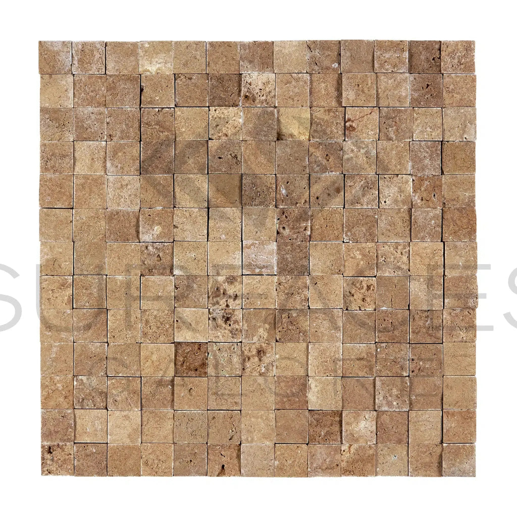 Noce Travertine 1X1 Mosaic Split-Faced Square Mosaic Tile in Brown Color