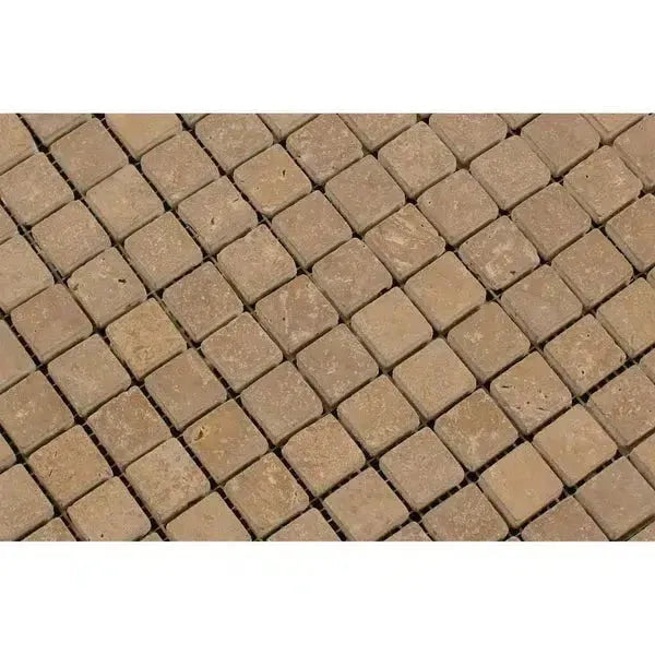 Tumbled Noce Brown Travertine 1X1 Mosaic Tile showcasing elegant natural stone texture