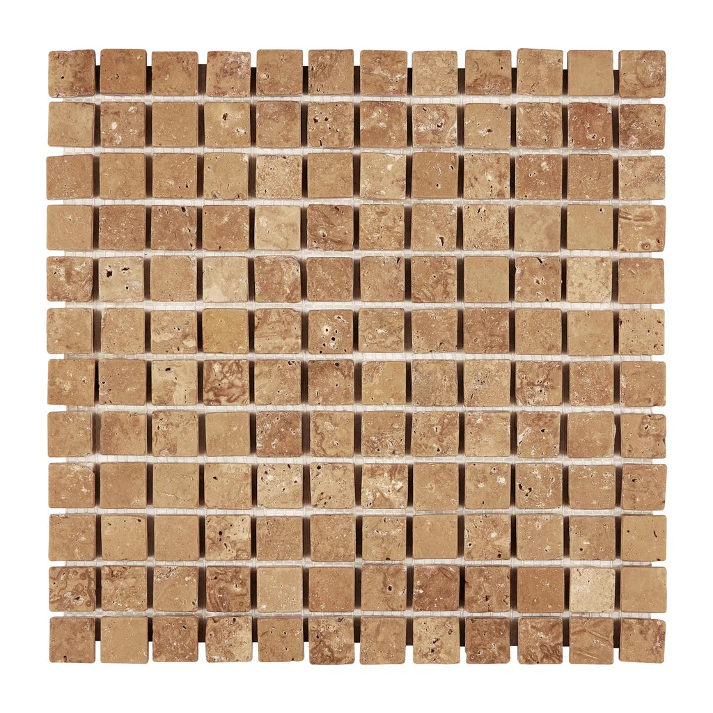 Noce Brown Travertine 1X1 Mosaic Tumbled Square Tile for elegant interior design