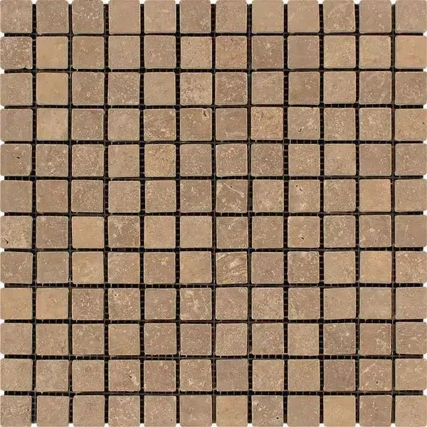 Square mosaic tile sheet of Noce Brown Travertine 1X1 Mosaic Tumbled