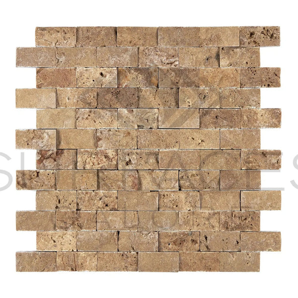 Noce Brown Travertine 1X2 Brick Mosaic Split-Faced tile showcasing intricate design