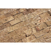 Textured brown stone brick wall of Noce Travertine 1X2 Brick Mosaic Split-Faced