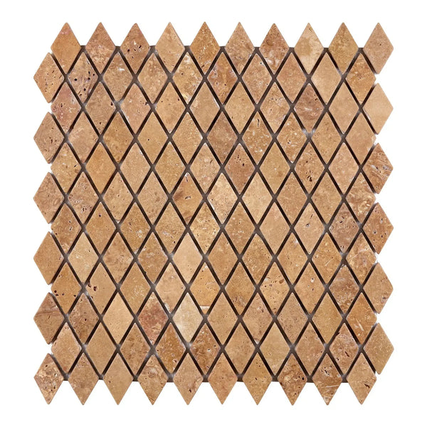 Diamond-patterned Noce Travertine 1X2 mosaic tile in tumbled finish