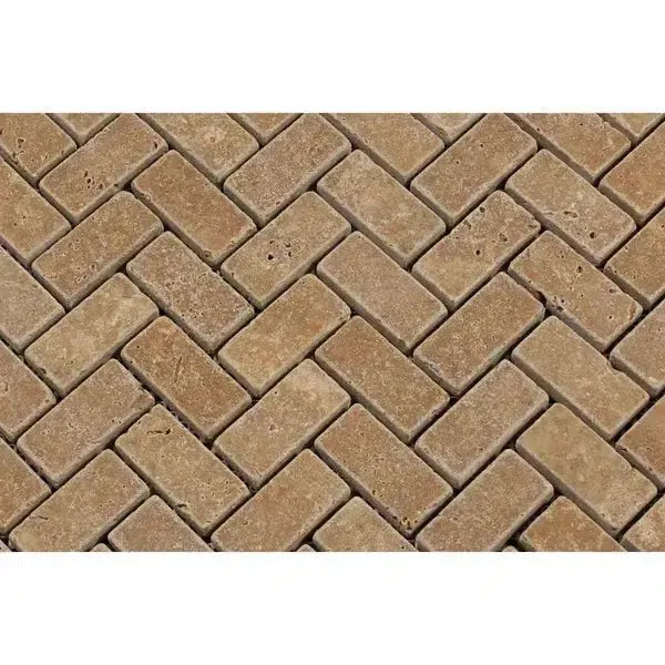 Herringbone brick pattern in Noce Travertine 1X2 mosaic tumbled finish