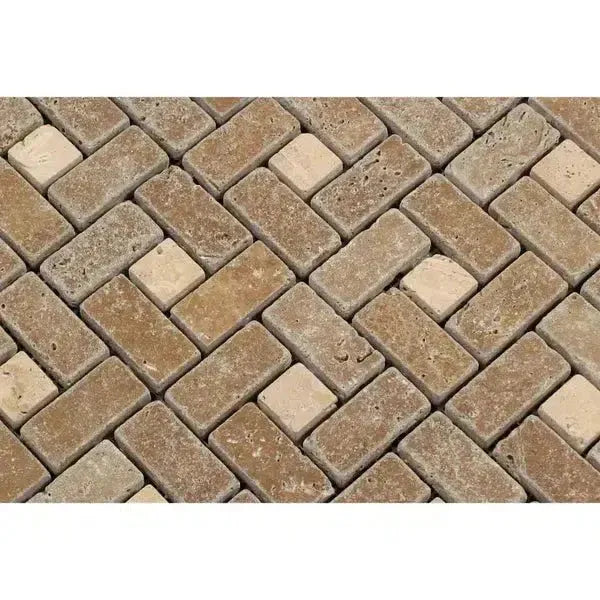 Herringbone brick pattern in Noce Travertine 1X2 Pinwheel Mosaic with Ivory Dots