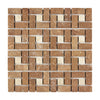 Geometric travertine tile mosaic featuring Noce Brown with ivory dots in pinwheel design