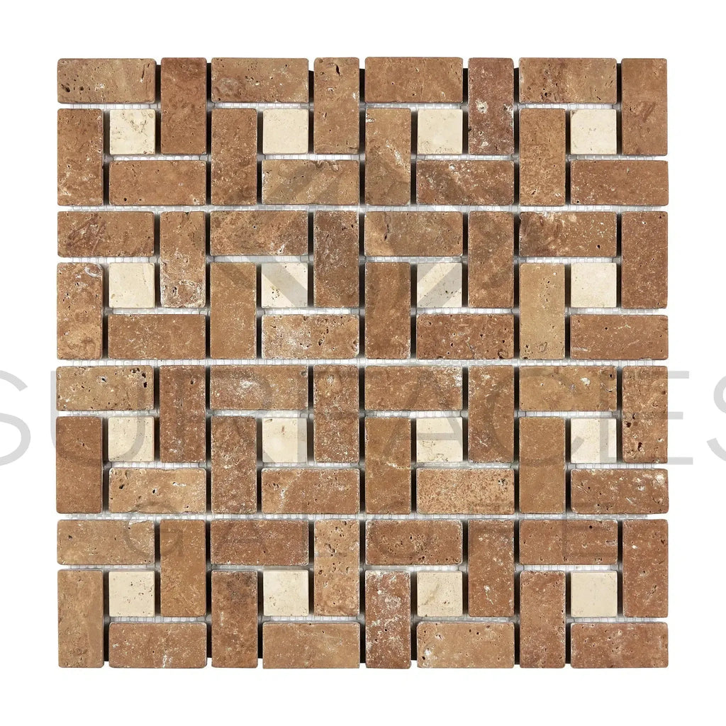 Noce Travertine 1X2 Pinwheel Mosaic with Ivory Dots Tumbled in Brown tones