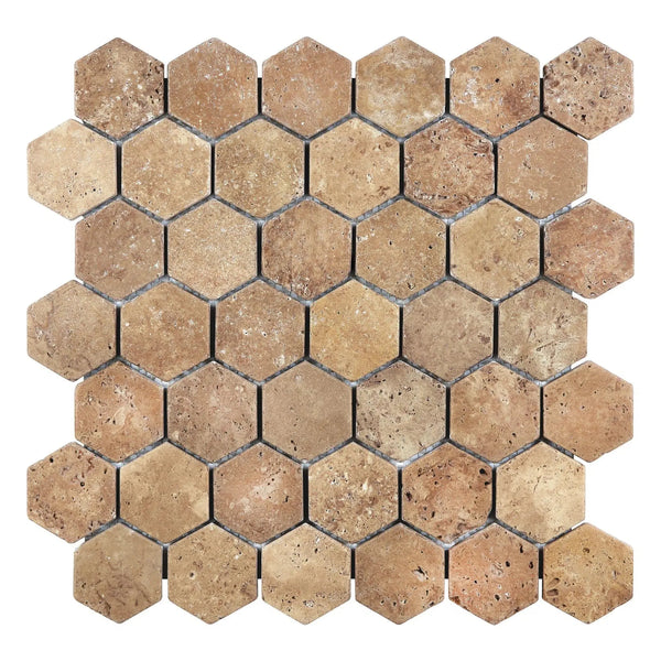 Honeycomb Travertine tile sheet of Noce Brown 2 inch Hexagon Mosaic Tumbled