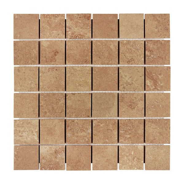 Square Noce Brown Travertine 2X2 Mosaic Tile Sheet Filled and Honed for elegant design