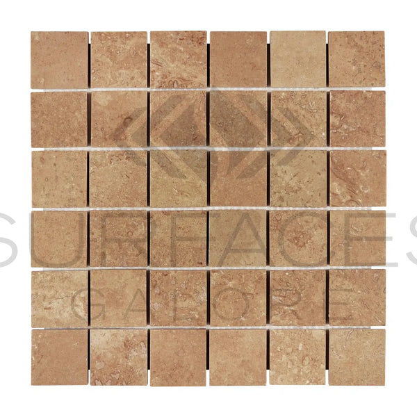 Square travertine mosaic tile sheet in Noce Brown Travertine 2X2 design filled and honed