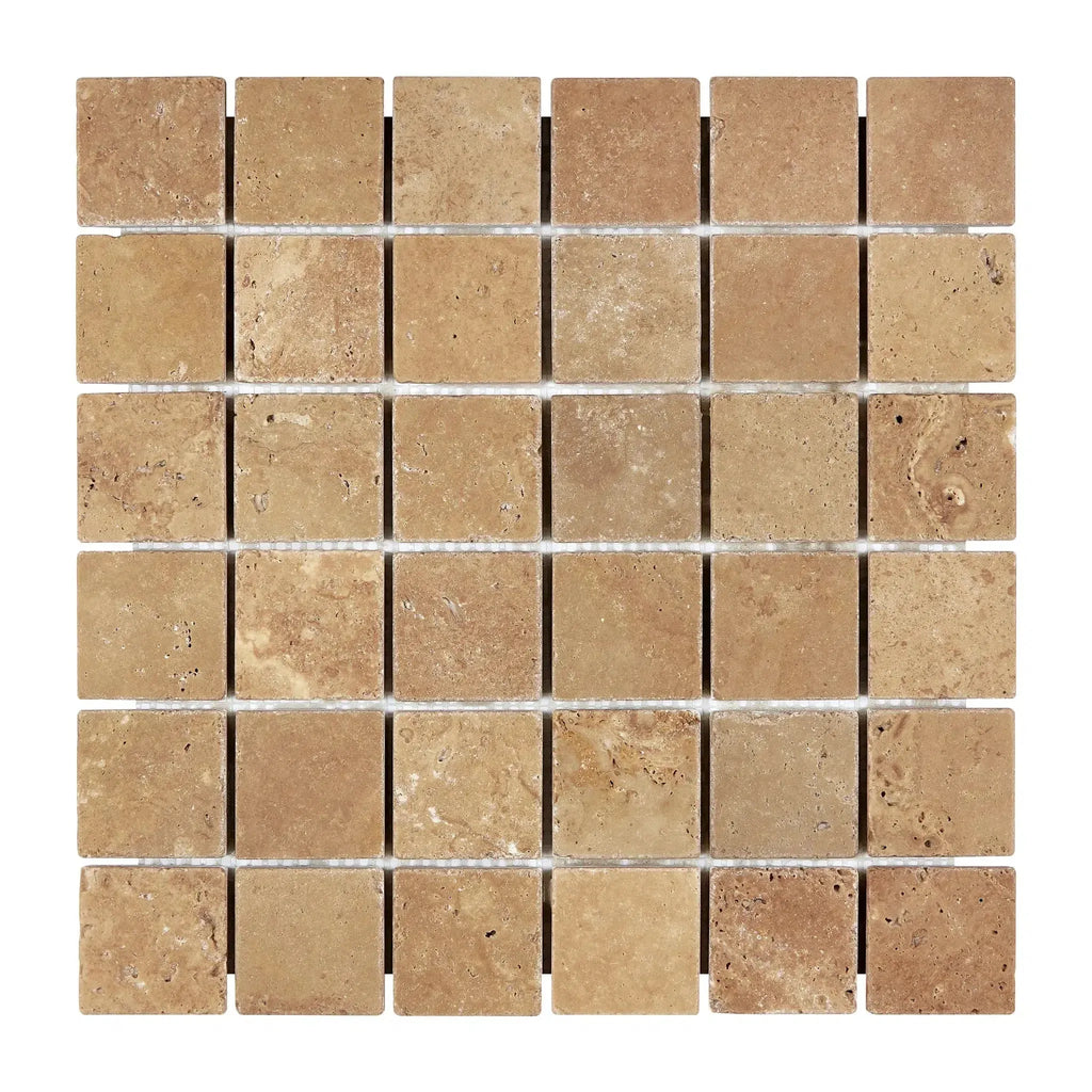 Noce Travertine 2X2 Mosaic Tumbled tile sheet featuring square brown travertine tiles