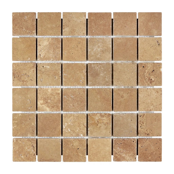 Noce Travertine 2X2 Mosaic Tumbled tile sheet featuring square brown travertine tiles