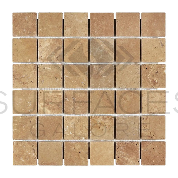 Noce Travertine 2X2 Mosaic Tumbled Square Tile in Brown Color