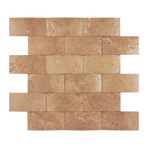 Noce Travertine 2X4 Brick Mosaic tile in a CNC-Arched design showcasing a brown hue