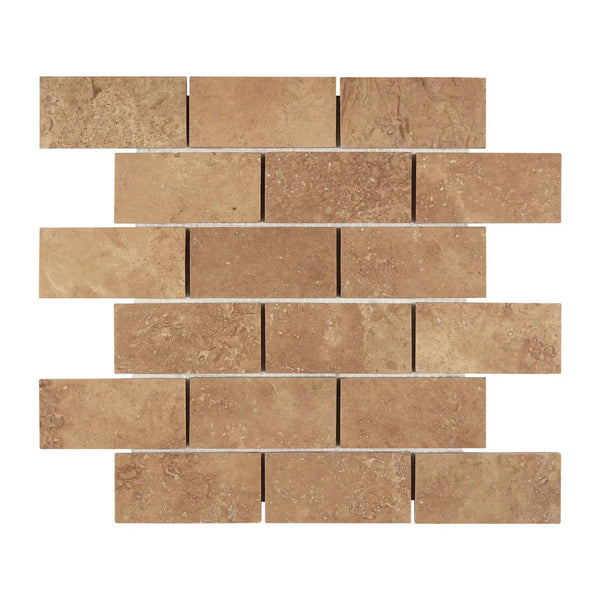 Noce Travertine 2X4 Brick Mosaic Filled and Honed, showcasing elegant brown tones