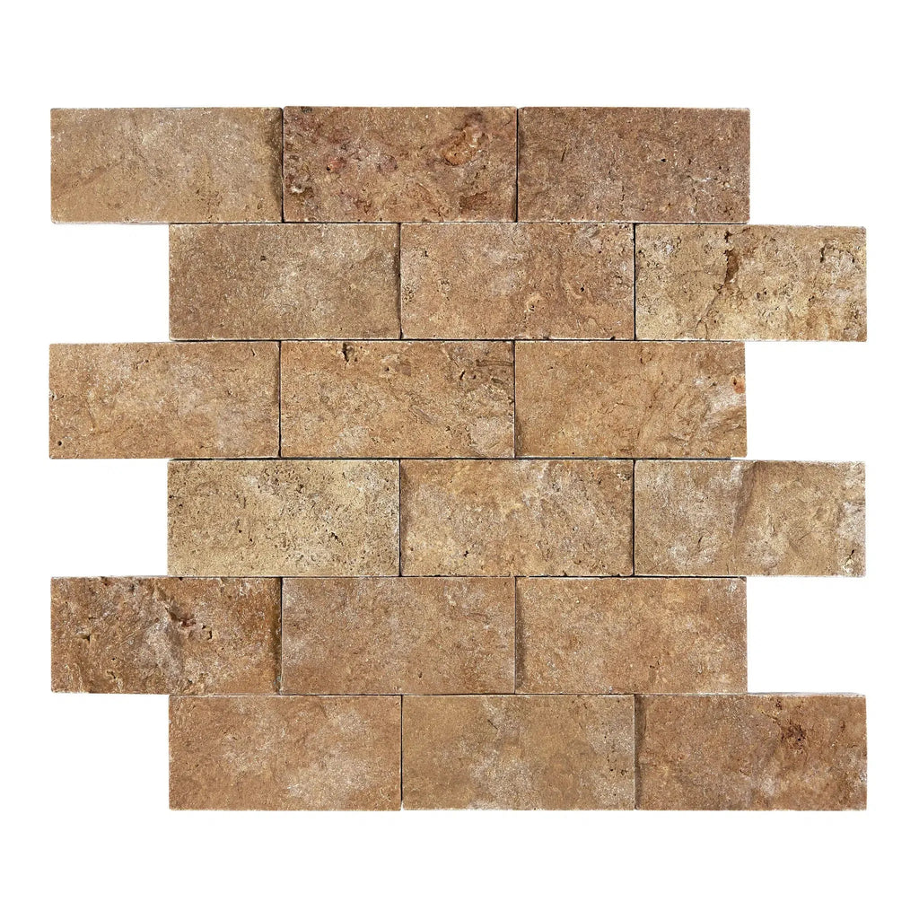 Noce Brown Travertine 2X4 Brick Mosaic Split-Faced Wall Tile Display Image