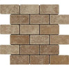 Noce Travertine 2X4 Brick Mosaic Tumbled in brown, showcasing a brick-patterned design