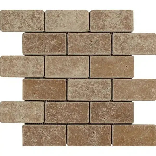 Noce Travertine 2X4 Brick Mosaic Tumbled in brown, showcasing a brick-patterned design