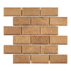 Beveled tan brick mosaic of Noce Travertine 2X4 Deep-Beveled Brick Mosaic Honed