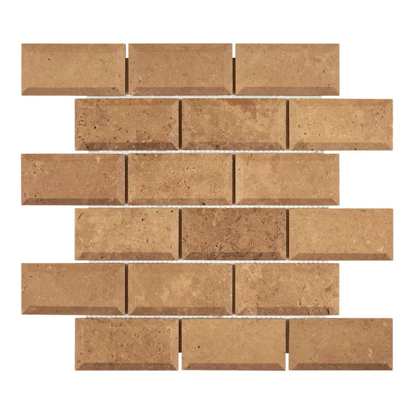 Beveled tan brick mosaic of Noce Travertine 2X4 Deep-Beveled Brick Mosaic Honed