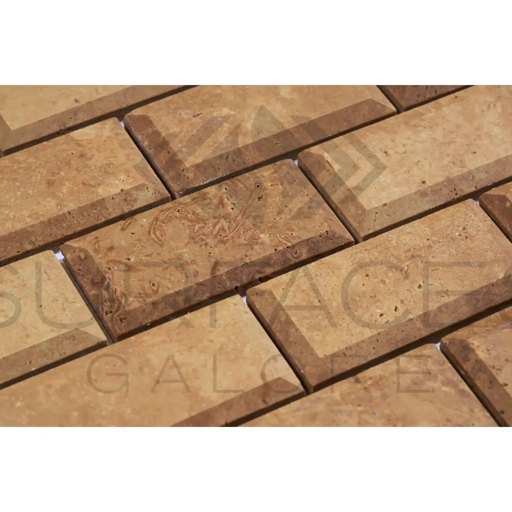 Beveled travertine brick tiles in Noce Brown 2X4 mosaic honed design