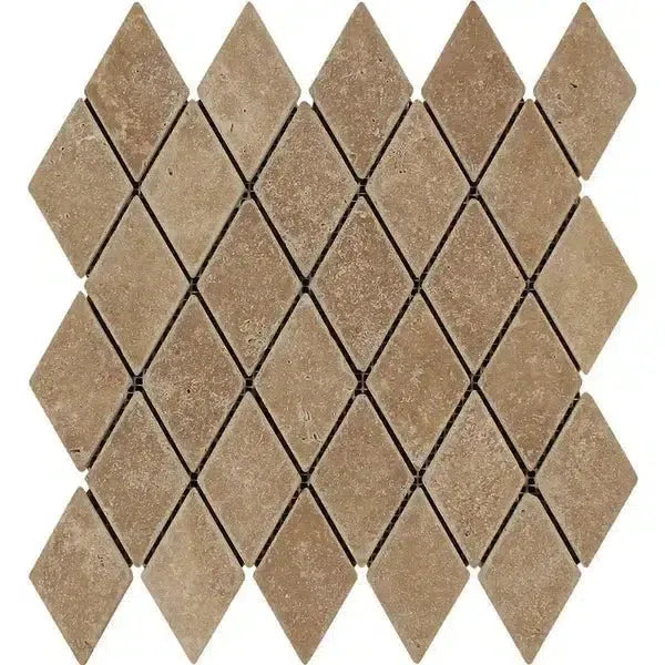 Diamond-patterned beige tile mosaic from Noce Travertine 2X4 collection, tumbled finish