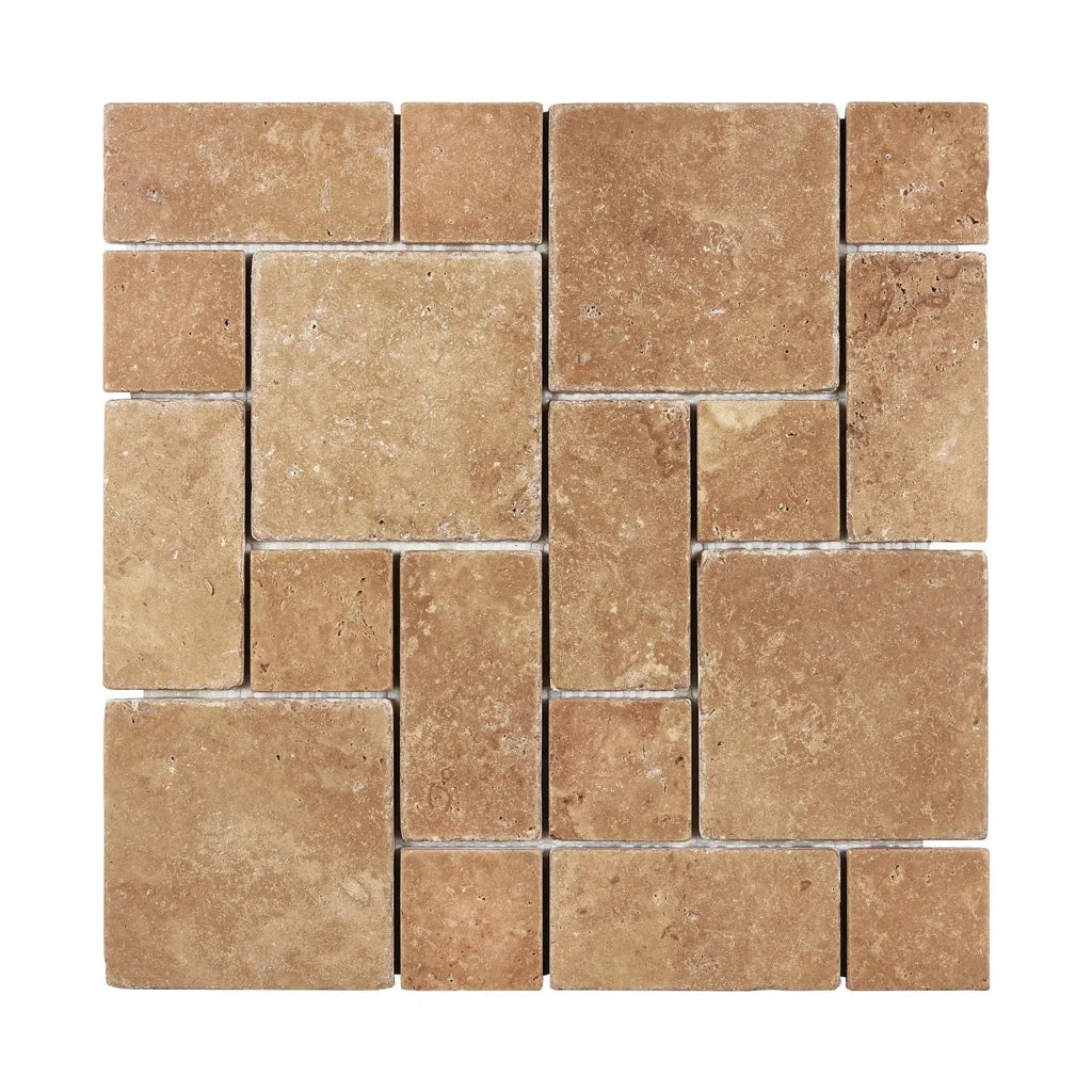 Tan travertine mosaic tile from Noce Travertine 3-pcs. mini-pattern tumbled collection