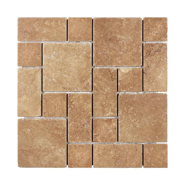 Tan travertine mosaic tile from Noce Travertine 3-pcs. mini-pattern tumbled collection