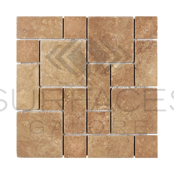 Tan travertine mosaic tile in Noce Brown Travertine 3-pcs Mini-Pattern Tumbled design